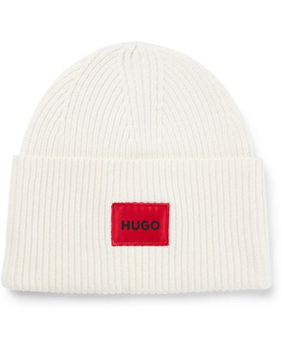 HUGO Wool-blend Beanie Hat With Red Logo Label - White