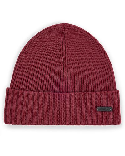 BOSS Ribbed Beanie Hat In Responsible Virgin Wool - Red