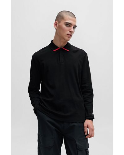 HUGO Polo en jersey de coton à col passepoilé - Noir
