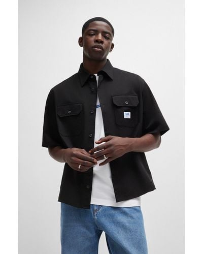 HUGO Loose-fit Shirt In Cotton Twill With Logo Patch - Black