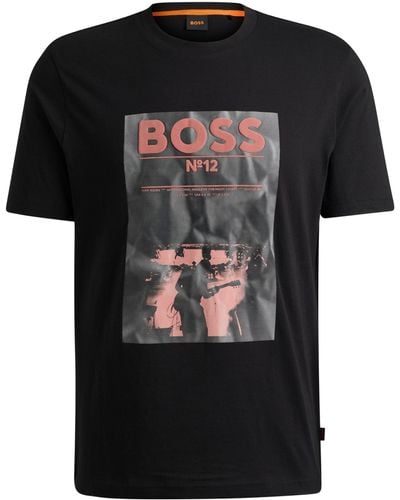 BOSS Regular-fit T-shirt Van Katoen Met Seizoensartwork - Zwart