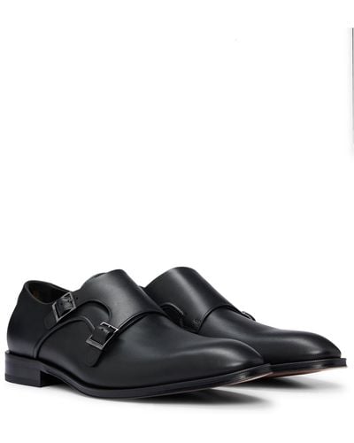 BOSS Double-monk Shoes In Smooth Leather With Metal Buckles - Black
