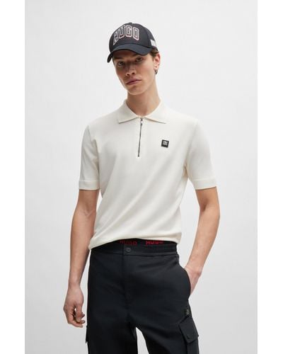 HUGO Zip-neck Polo Shirt With Stacked Logo - White