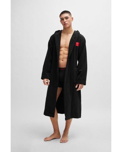 HUGO Albornoz de algodón con capucha y etiqueta con logo roja - Negro