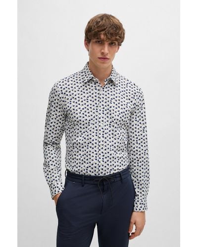 BOSS Slim-fit Shirt In Printed Performance-stretch Material - Natural