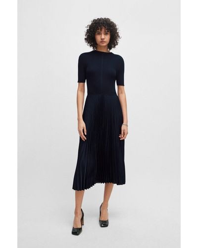 BOSS Short-sleeved Dress With Knitted Top And Plissé Skirt - Black