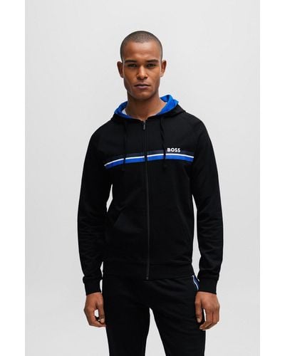 BOSS Cotton-terry Zip-up Hoodie With Stripes And Logo - Black