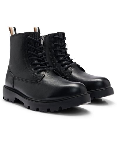 BOSS Half Boots In Grained Leather With Signature-stripe Tape - Black