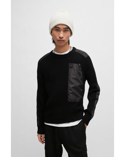 HUGO Ribbed-cotton Jumper With Tonal Trims And Stacked Logo - Black