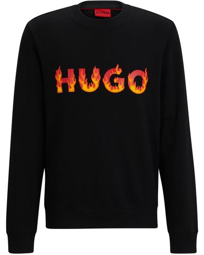 HUGO Sweatshirt Van Katoenen Badstof Met Verhoogd Vlammenlogo - Zwart