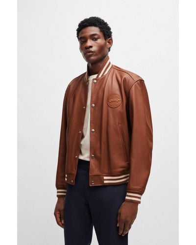 BOSS Porsche X Leather Jacket With Special Branding - Brown