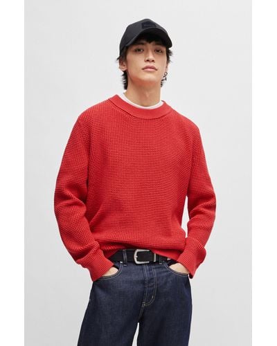 HUGO Relaxed-fit Sweater With Knitted Structure And Crew Neckline - Red