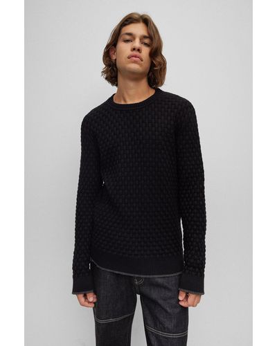 HUGO Crew-neck Jumper In Cotton With Woven Structure - Black