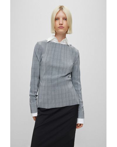 BOSS Checked, Pleated Slim-fit Top - Gray