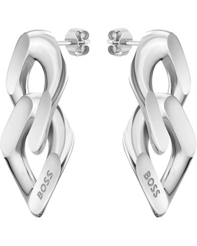 BOSS Silberfarbene Ohrringe mit angeschrägten Logo-Gliedern - Weiß
