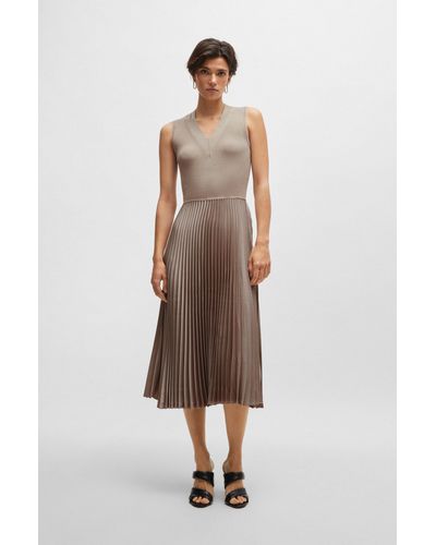 BOSS Mixed-material Dress With Pliss Skirt - Natural