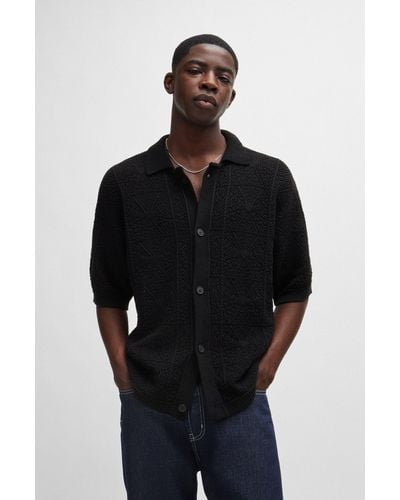 HUGO Relaxed-fit Short-sleeved Cardigan In Crochet Cotton - Black