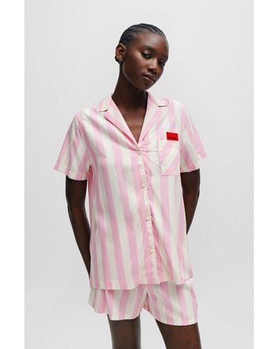 HUGO Patterned Pajama Shirt With Red Logo Label - Pink