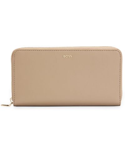 BOSS Faux-leather Zip-up Wallet With Logo Lettering - Natural