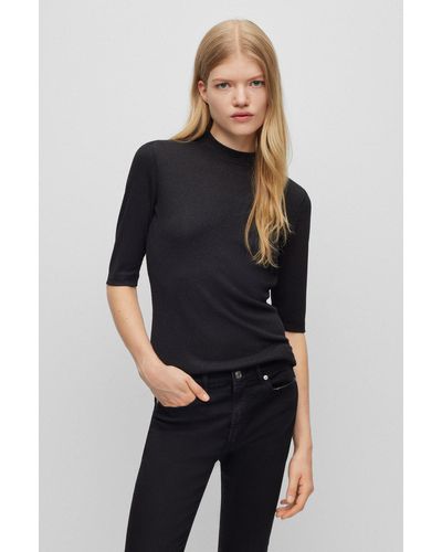 HUGO Mock-neck Top In Ribbed Fabric With Metallised Fibres - Black