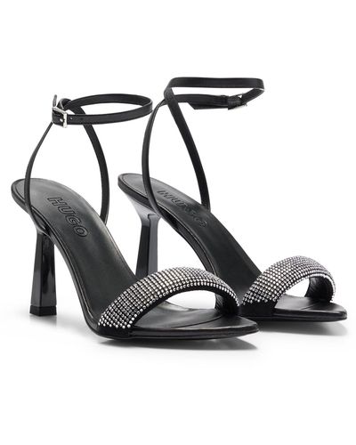HUGO Nappa-leather Sandals With Crystal-embellished Straps - Black