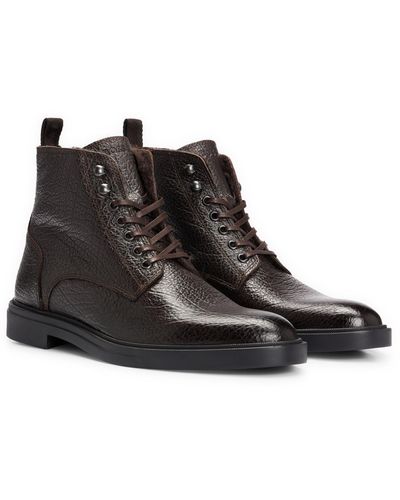 BOSS Lace-up Half Boots In Grained Leather With Zip - Black