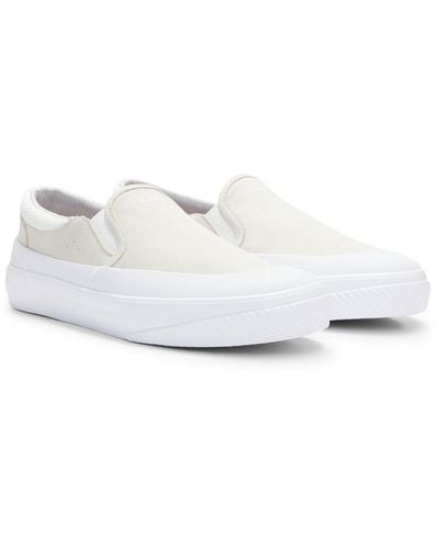HUGO Suede Slip-on Shoes With Signature Slogan - White