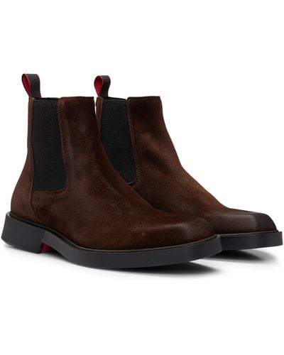 HUGO Square-toe Chelsea Boots In Suede With Signature Details - Brown