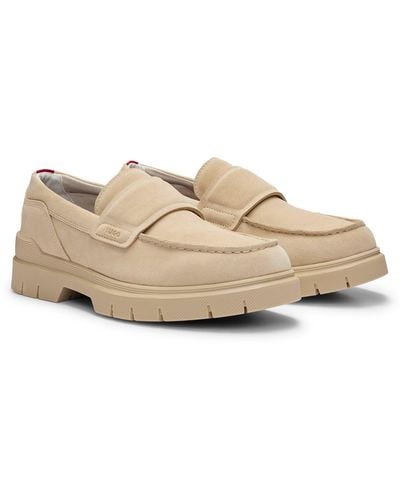 HUGO Suede Moccasins With Chunky Split-logo Sole - Natural