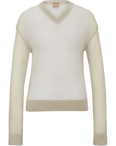 BOSS Pullover aus transparentem Strick mit V-Ausschnitt - Weiß