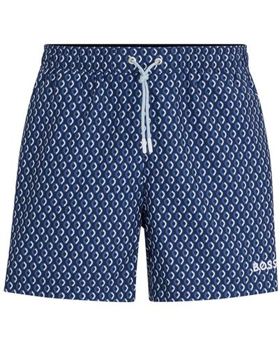 BOSS Micro-print Quick-drying Swim Shorts With Logo Detail - Blue