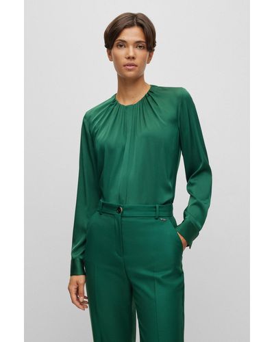 BOSS Ruched-neck Blouse In Stretch-silk Crepe De Chine - Green