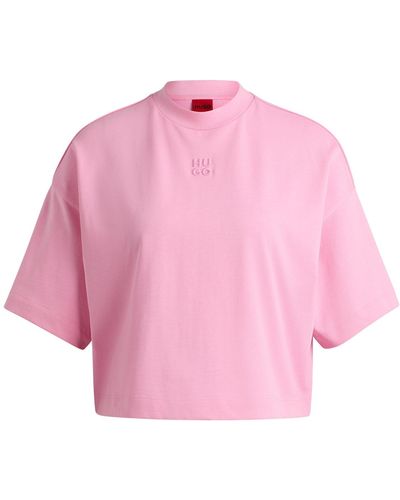 HUGO Relaxed-fit Cropped T-shirt In Cotton With Stacked Logo - Pink