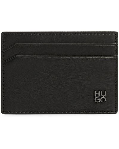 HUGO Leather Card Holder With Stacked Logo - Black