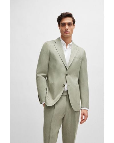 BOSS Slim-fit Blazer In Herringbone Linen And Silk - Green