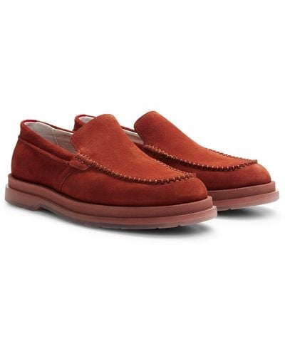 HUGO Suede Loafers With Translucent Rubber Sole - Red