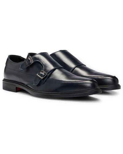 HUGO Double-monk Shoes In Leather With Logo - Black