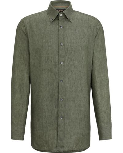 BOSS Extra lang geschnittenes Regular-Fit Hemd aus Leinen - Grün