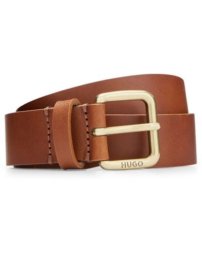 HUGO Smooth-leather Belt With Antique-brass Buckle - Brown