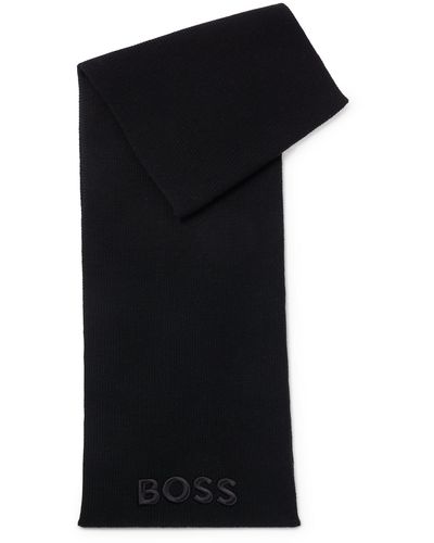 BOSS Ribbed Scarf In Virgin Wool With Tonal Embroidered Logo - Black