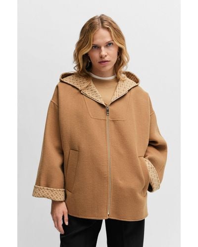 BOSS Wool-blend Coat With Monogram-jacquard Interior - Natural