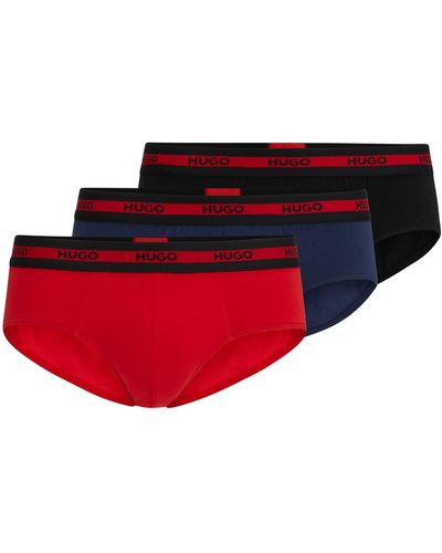 HUGO Lot de trois slips en coton stretch avec logos à la taille - Rouge