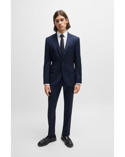 HUGO Slim-fit Suit In Checked Stretch Virgin Wool - Blue
