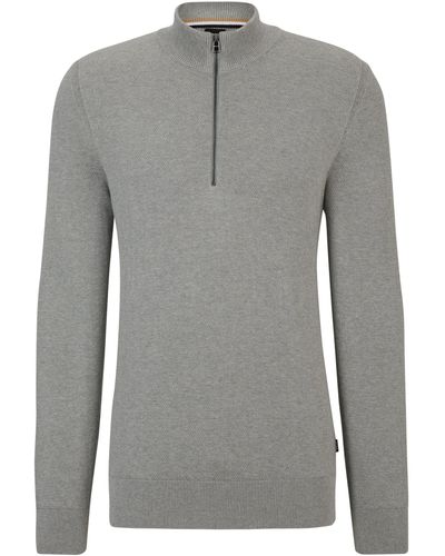 BOSS Pullover aus fein strukturierter Baumwolle mit Troyerkragen - Grau