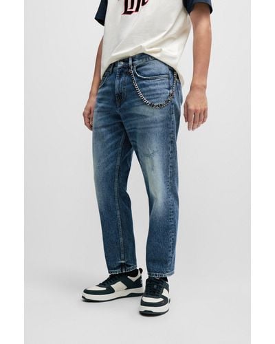 HUGO Loose-fit Jeans In Vintage-washed Comfort-stretch Denim - Blue