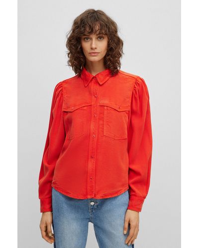 BOSS Regular-fit Blouse With Popper Closures And Point Collar - Red