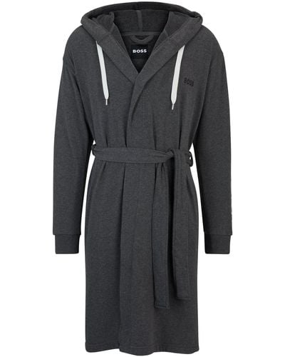 BOSS Charcoal Hooded Dressing Gown With Logo-print Sleeves - Black