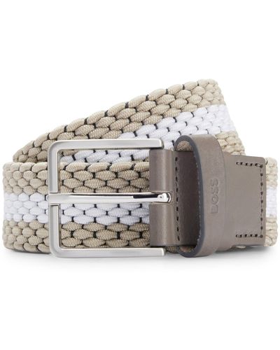 BOSS Woven Belt With Leather Trims And Contrasting Color Detail - Gray