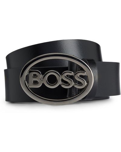 BOSS by HUGO BOSS Italian-leather Belt With Gunmetal Logo Plaque Buckle - Black