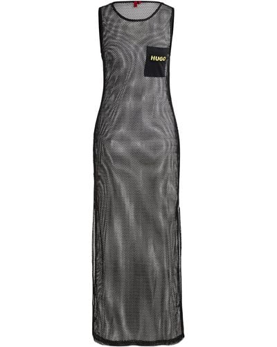 HUGO Sleeveless Dress In Net Mesh With Logo Embroidery - Gray